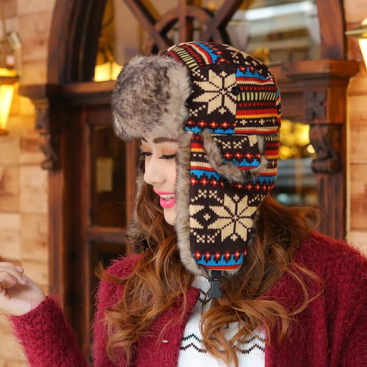 Geometric Knitted Beanie Hat With Ear Flap For Winter Warmth And Wind Protection