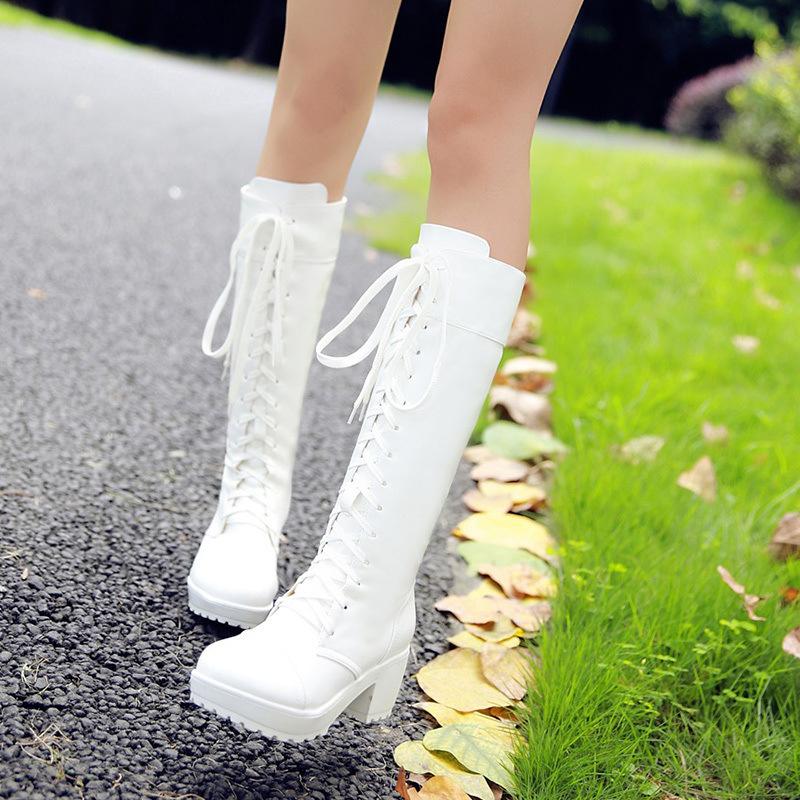 Long boots, women's new autumn and winter cos shoes, white, black, tall front lace-up Martin boots, medium heel women's boots.