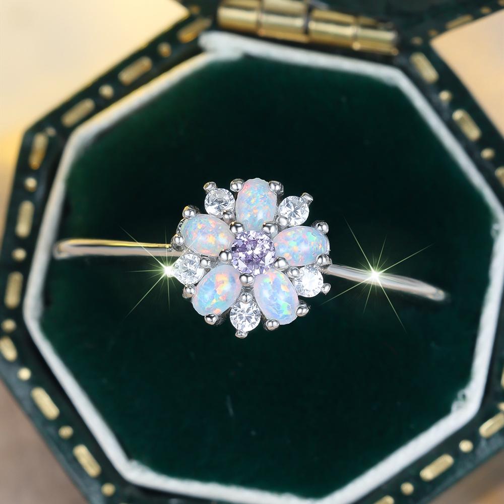 925 Sterling Silver Flower Rings for Women Bright Colorful Opal Ring Romantic Wedding Jewelry