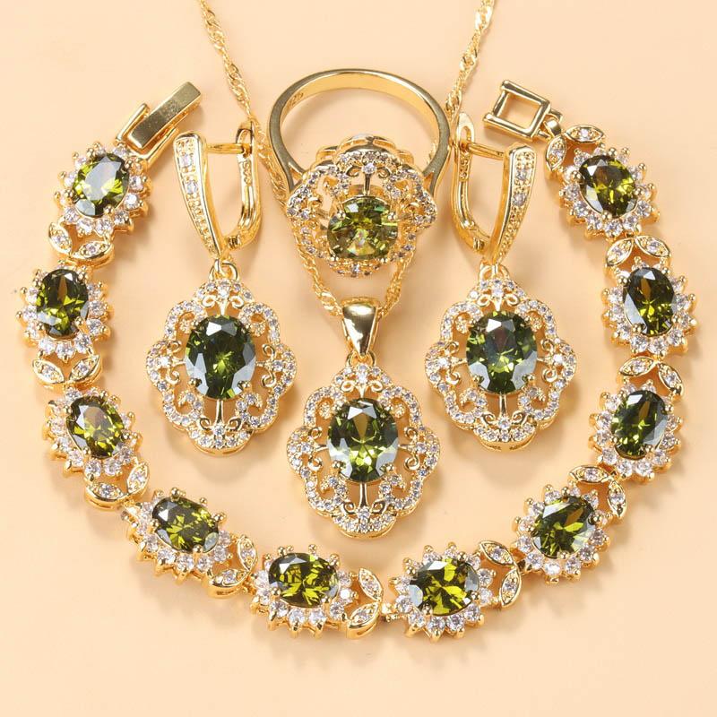 Morrocan Jewelry Sets  Gold Plated 12-Colors Zirconia Earring Necklace And Bracelet Ring For Women Fashion Accessories