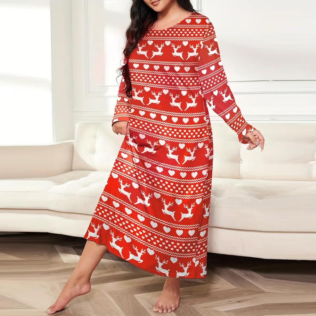 Women's Fashionable Plus Size Pajamas Round Neck Long Sleeved Print Length Nightgown Dress Clothes Sale