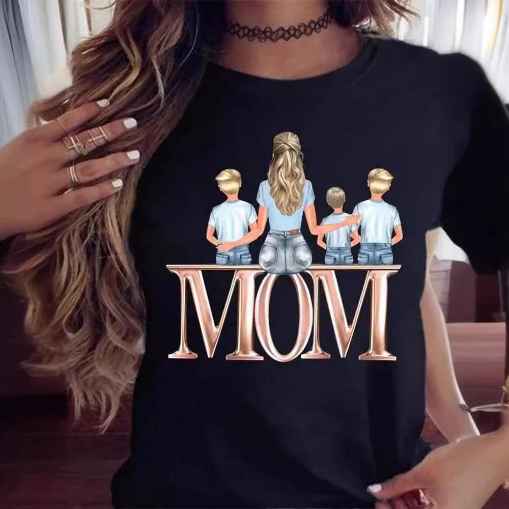 Cartoon Mother and Son Daughter Printed Women's T-Shirt Summer Casual Harajuku Mom Printed Short Sleeves