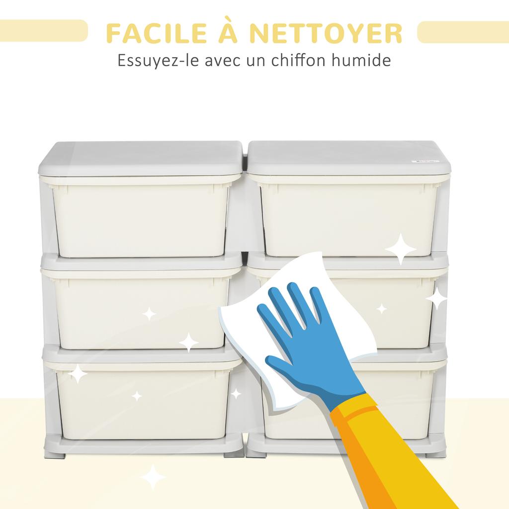3-Tier Children's Toy Organizer with 6 Drawers, Plastic Storage Boxes, 75x37x56.5cm, Cream