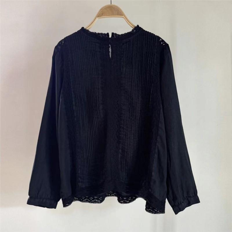 Johnature Spitzenshirt Leinen Schwarzes Shirt Langarm Damen Rundhals Lässig Einfache Blusen