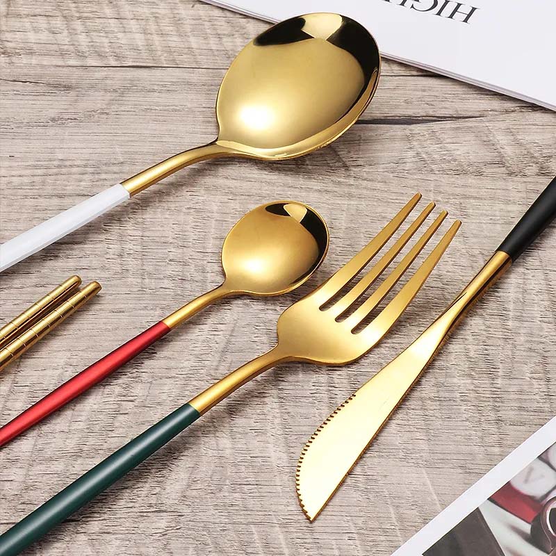 Nordic Stainless Steel Steak Knife Fork Spoon Teaspoons Chopsticks 5 Pieces Set Mirror Frosted Luxury Kitchen Tableware Set Home Party Dinnerware Set