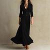Europäische und amerikanische Damenbekleidung unabhängige Station einfarbig Knopf Revers Dreiviertelärm langes Kleid Kleid Taille Schwingrock