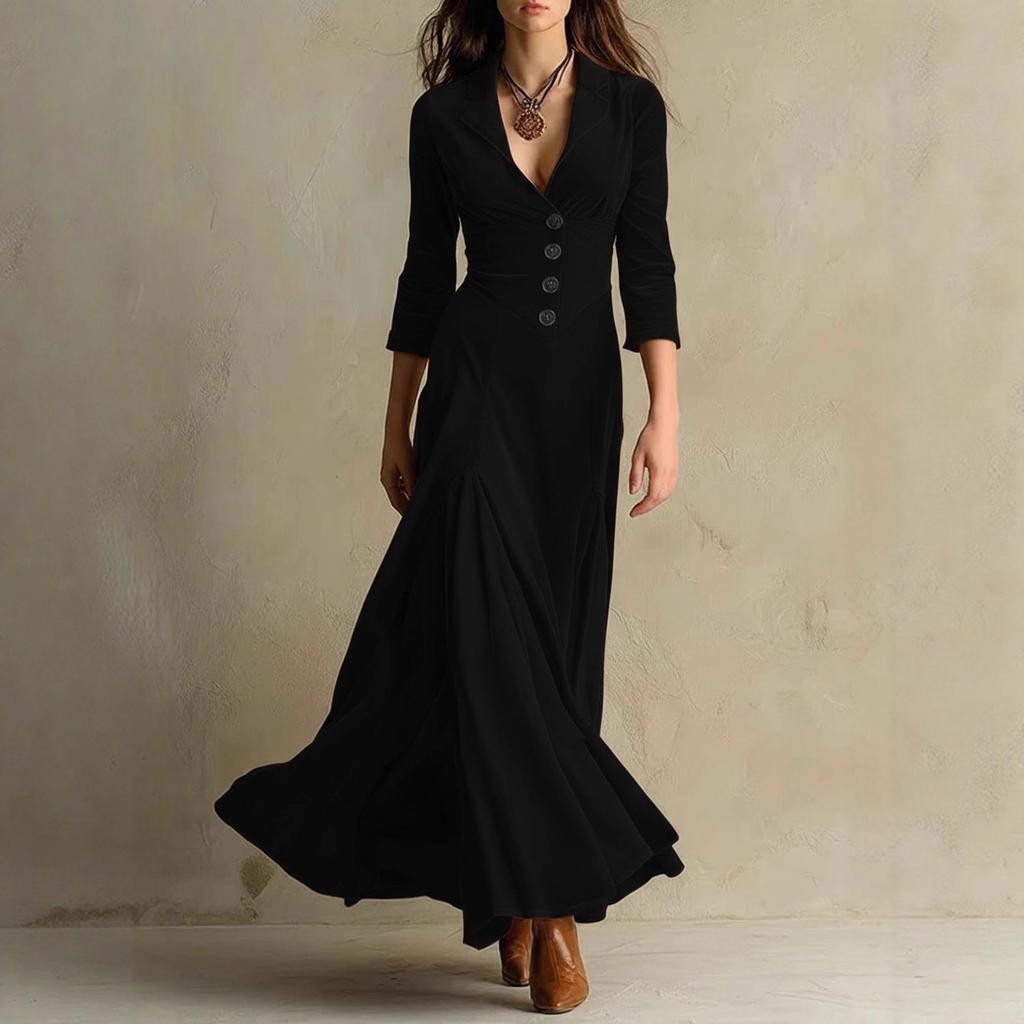 Europäische und amerikanische Damenbekleidung unabhängige Station einfarbig Knopf Revers Dreiviertelärm langes Kleid Kleid Taille Schwingrock