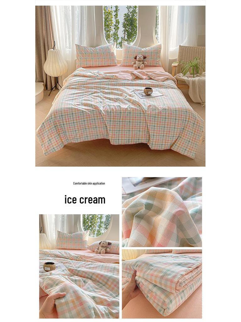 Cloud Cotton Summer Quilt - Soybean Fiber Cooling Quilt for Mother and Baby, Simple Style Plaid, Machine Washable.