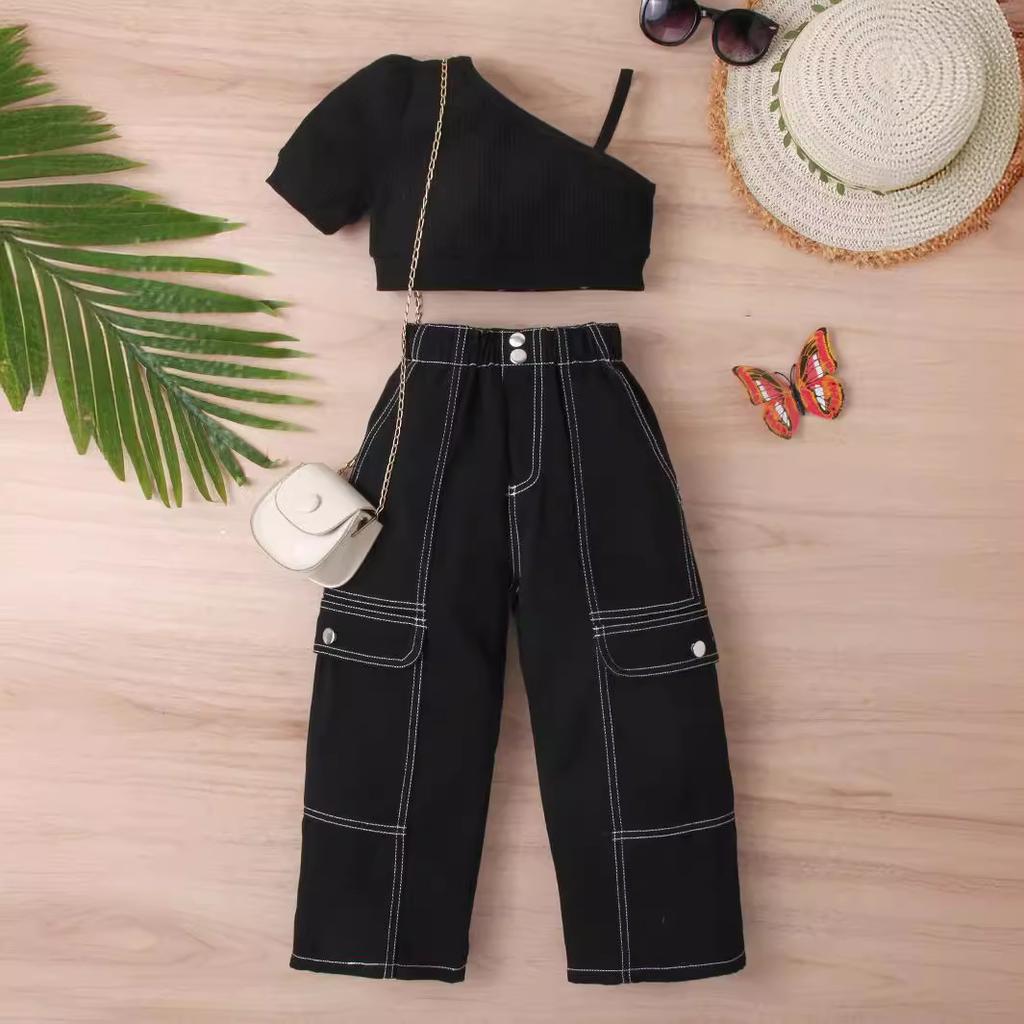 Girls' Fashion Set: Summer Children's Solid-color Short-sleeved Off-the-shoulder Pullover, Two-piece Set of Colorful Denim Trousers