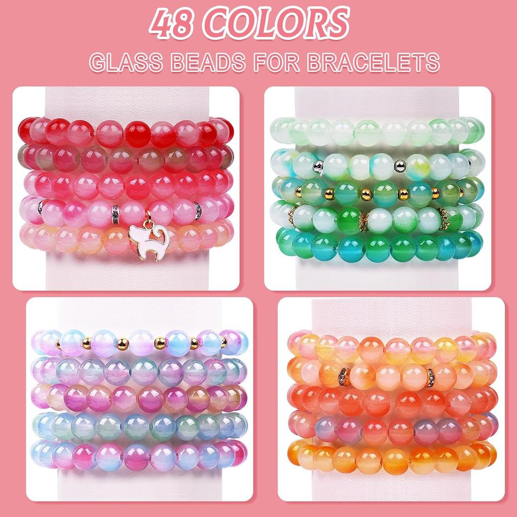 Scatola Doppia 48 Colori 1700 Pezzi Perline di Vetro da 8 mm Perline Rotonde, Kit per la Creazione di Braccialetti dell'Amicizia, Accessori per Gioielli Fai da Te