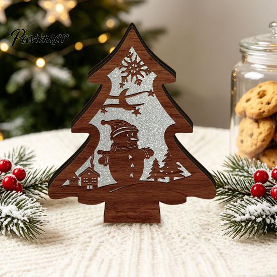 Christmas Gift for Kids 3D Wooden LED Night Light, Hollow Carved Tabletop Decor Warm Light Lamp with Glow, Festive Holiday Home And Office Decoration