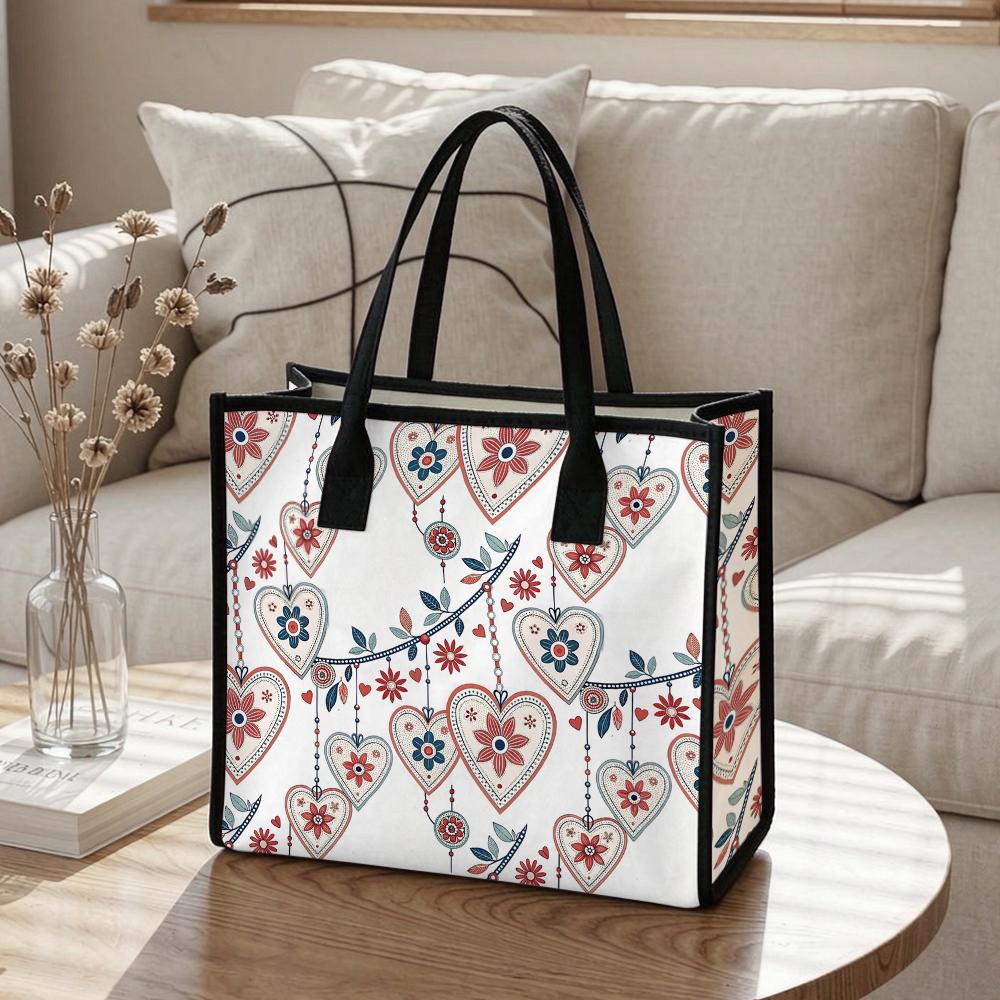Boho Heart Floral Print Casual Tote Bag for Women Lightweight Shoulder Handbag for Daily Commute Shopping
