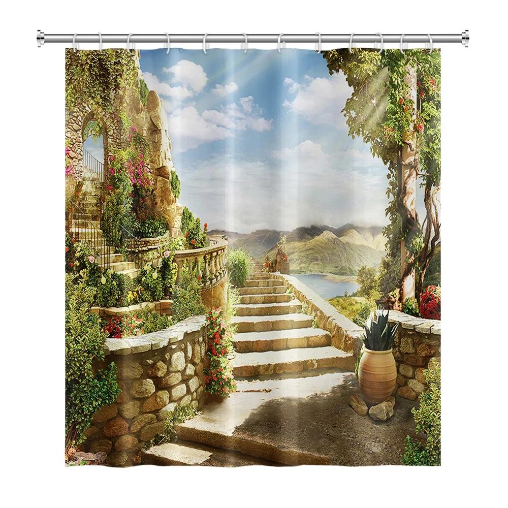 Rural Landscape Shower Curtains Creek Stone Lotus Buddha Bath Curtain Natural Scenery Waterproof Bathroom Home Decor With Hooks