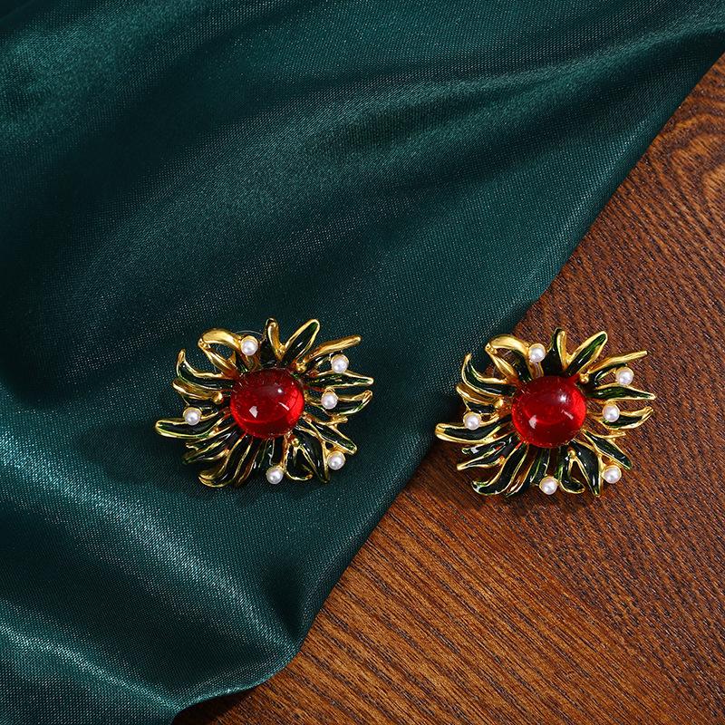 Boucles d'oreilles Puces Tournesol Émail Vintage Goutte d'Huile Boucles d'oreilles Perles Haut de Gamme Boucles d'oreilles Style Cour Médiévale Luxe Léger pour Femmes