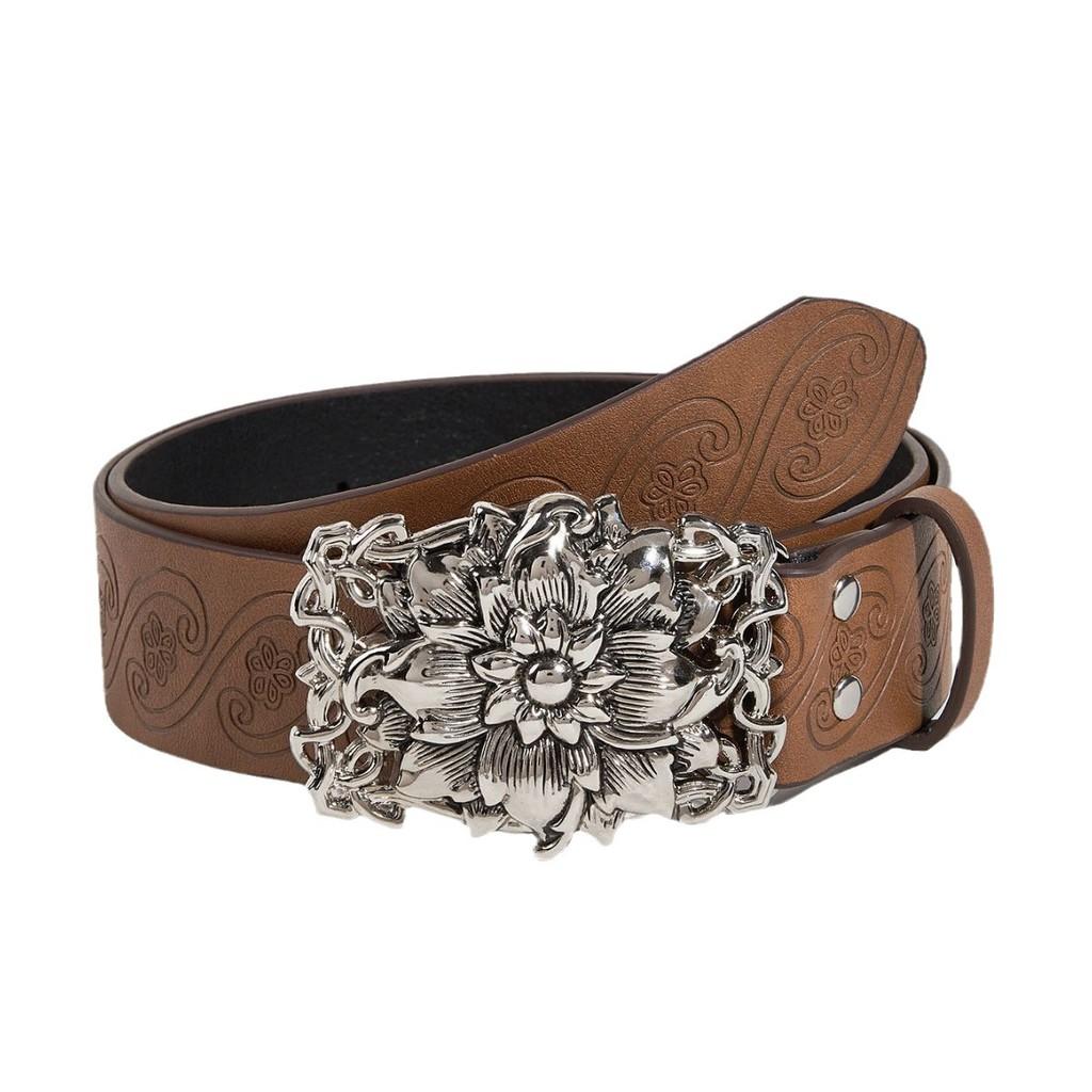 Flower Print Belt Pattern Hollow Metal Buckle Fashion Accessories Clothing