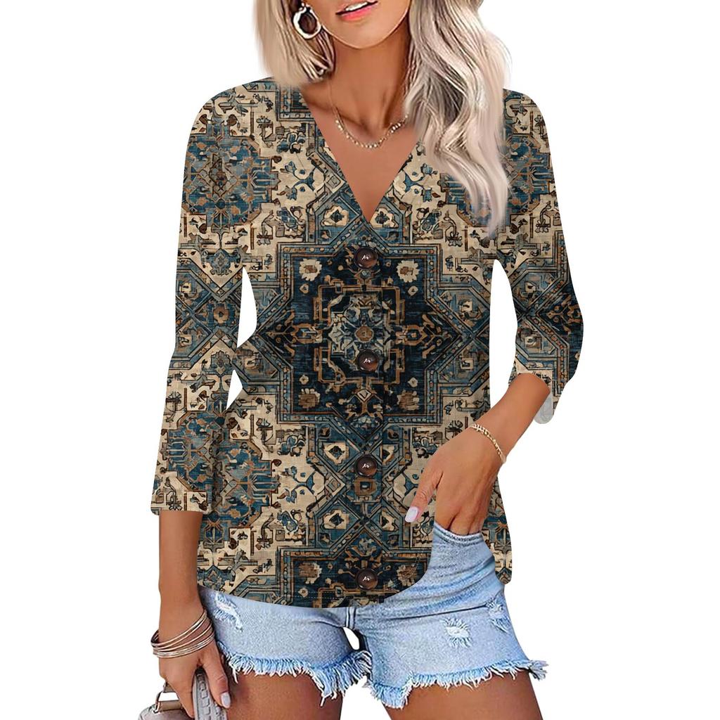 Women's Fashion Casual Printing Button-down Shirt 3/4 Long Sleeve Tops