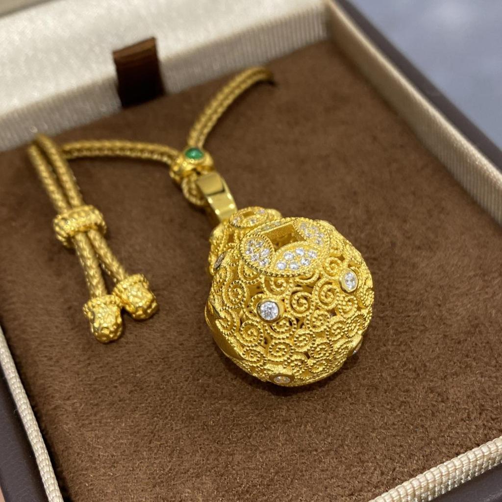 Openwork Cloisonné Gourd Pendant Necklace with 925 Silver and High-Carbon Diamond