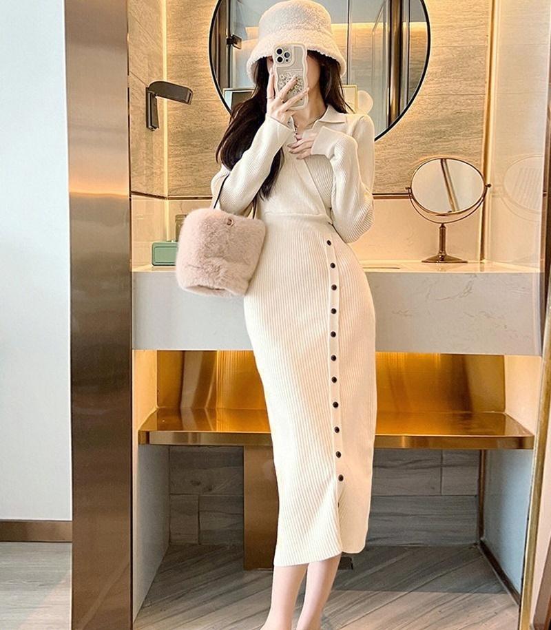 Podzimní a zimní pletené šaty s klopou, slim fit, ke kolenům, pletené šaty s kabátem uvnitř, 4 barvy