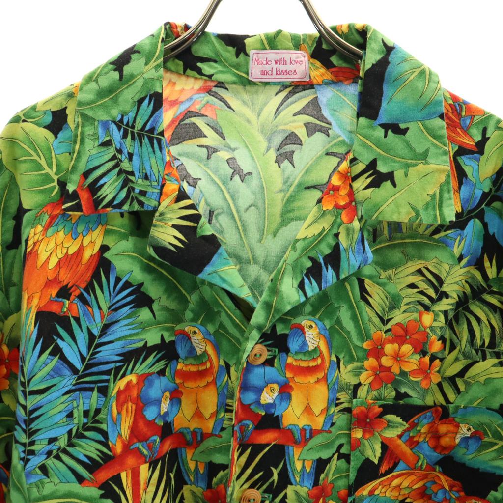 80s 90s Old Parrot Pattern Short Sleeve Aloha Shirt Green Open Collar Men's Used