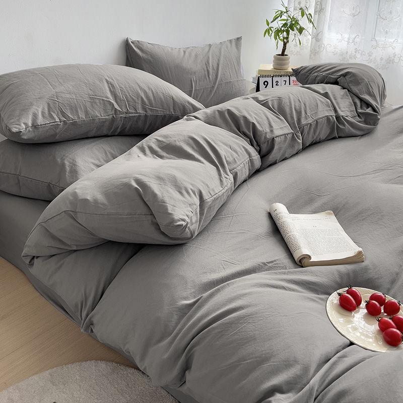 

INS Korean Style Fresh Blue Duvet Cover Washed Cotton Bed Sheet Bed Skirt Four-Piece Set Dormitory Simple Solid Color Piece Quilt Cover-1 светло-серый