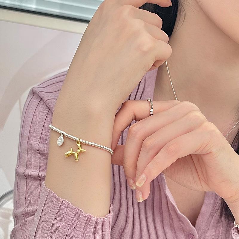 Korean Fashion S925 Silver Beaded Balloon Dog Bracelet for Women - Versatile Temperament Jewelry
