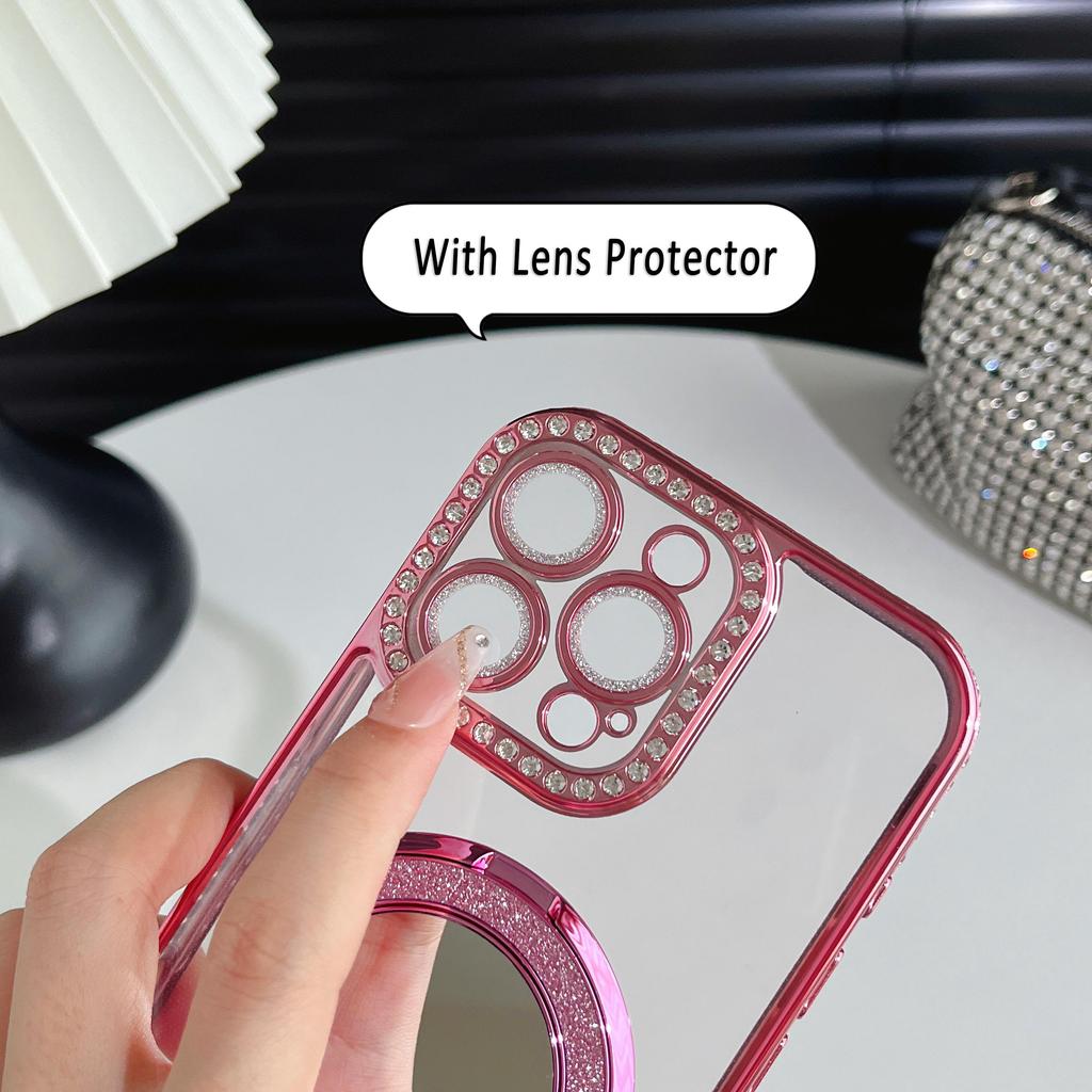 Girls Cute Glitter Diamond Makeup Mirror Camera Lens Protector Bumper Phone Case With Stand For iPhone 17 16 Pro Max Samsung S25 S24 Protective Cover