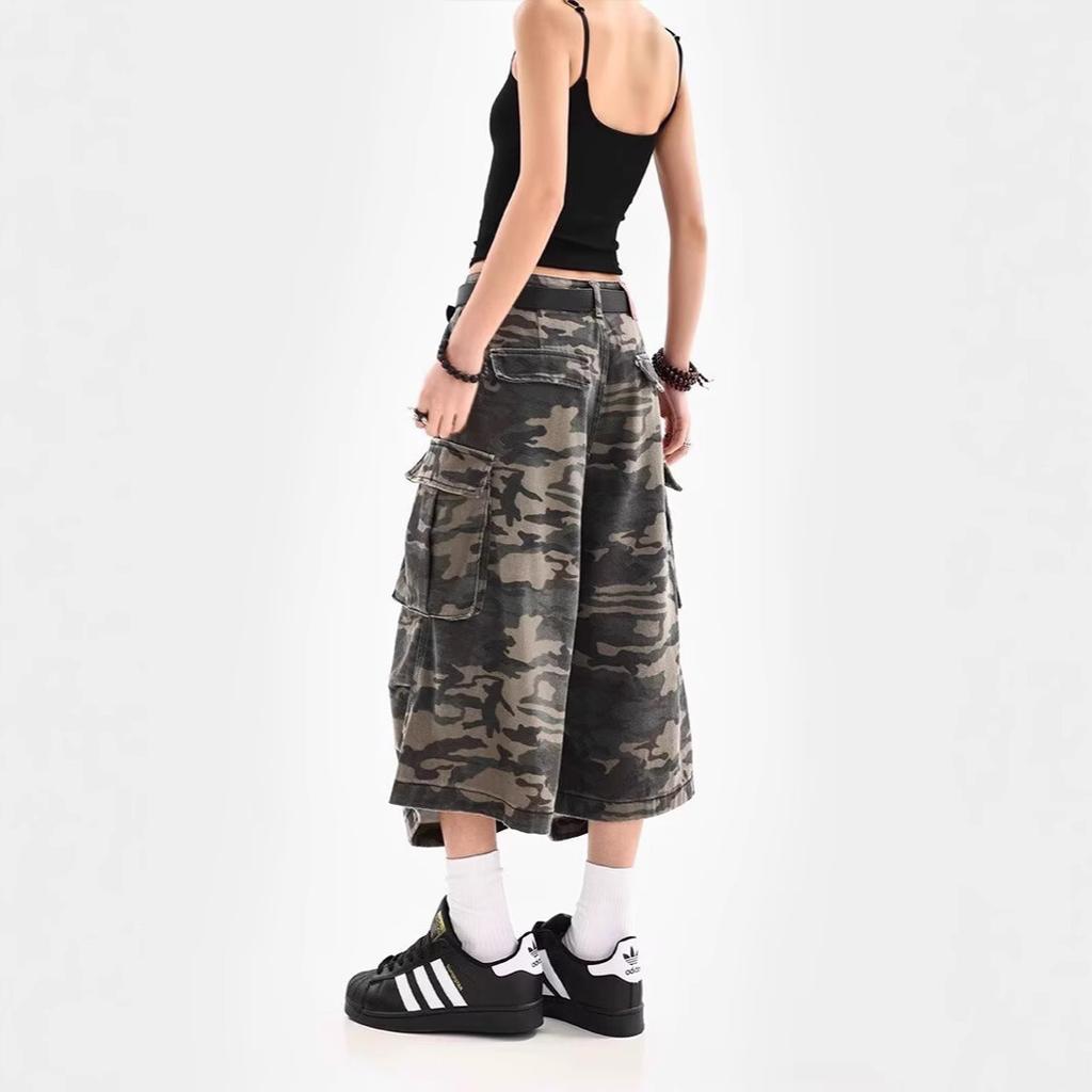 JYL Unisex Camo Jeans Summer Cropped Loose Neutral Style Cargo Denim Pants