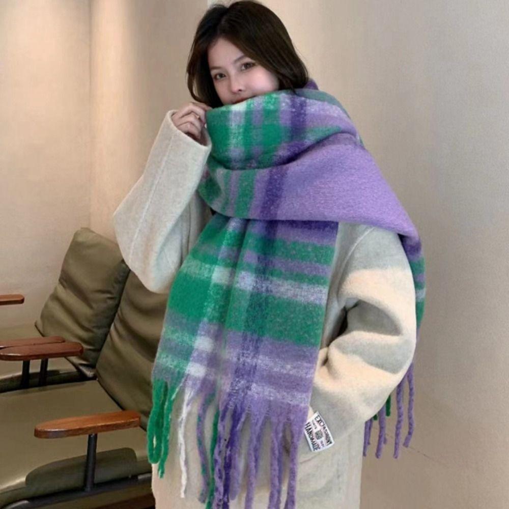 Plush Winter Cashmere Scarves Tassel Long Shawl Classic Plaid Wool Scarf Girl