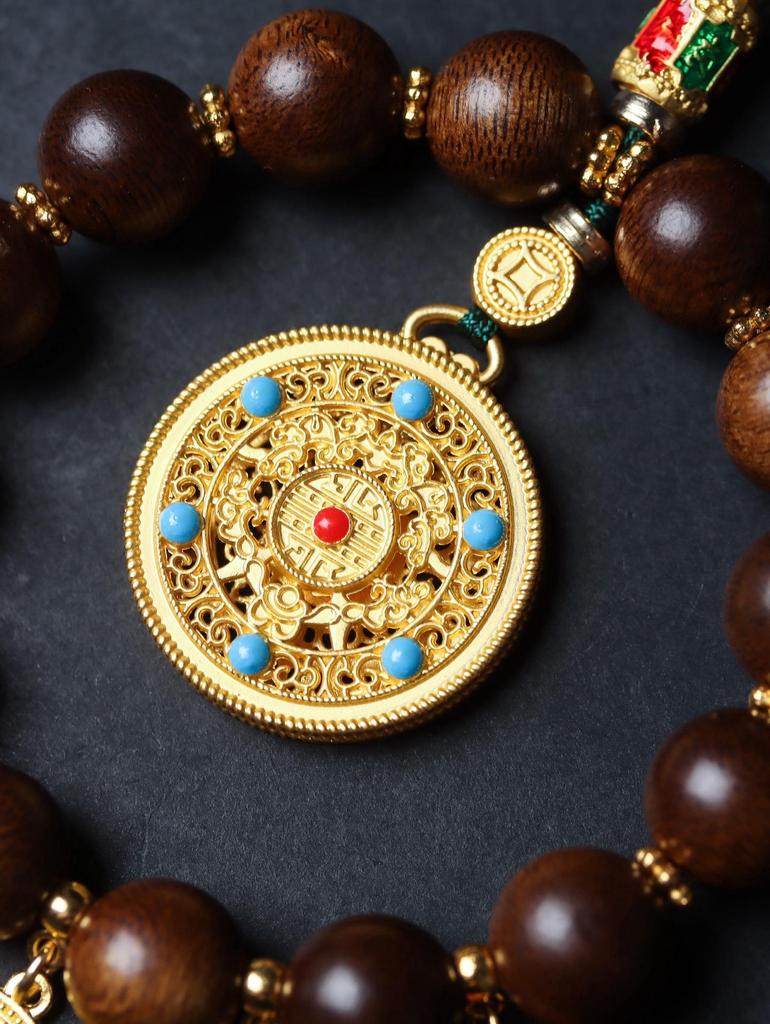 Fuson Red Soil Agarwood Car Pendant with God of Wealth & Peace Lock - Sinking Grade Beads Jewelry