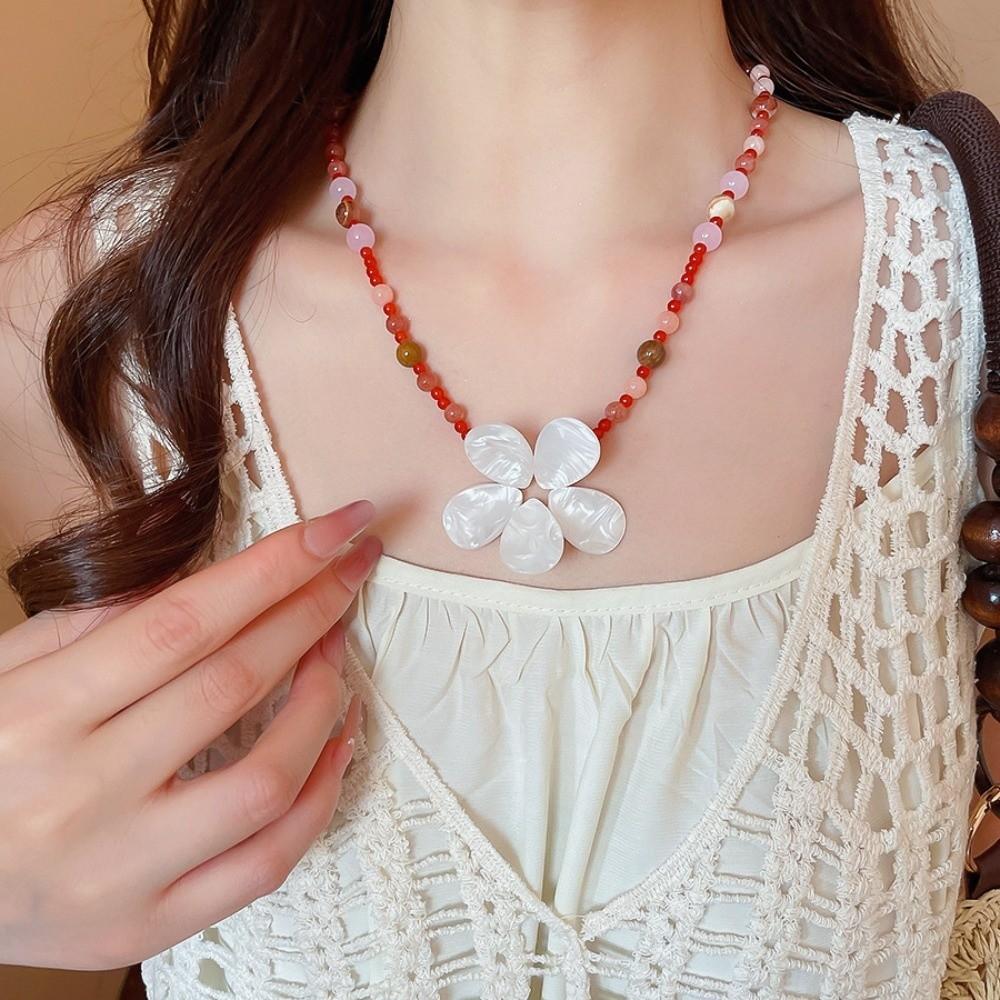 Ocean Style Shell Flower Necklace Boho Ocean Style Neck Chain Stone Pendant Necklace  Holiday