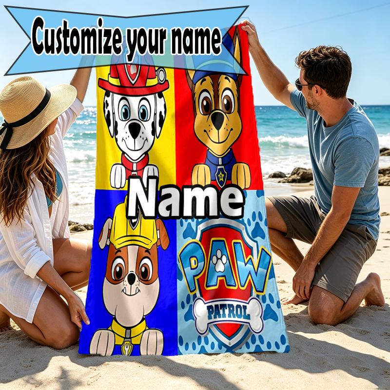 Custom Name Personalized PAW Patrol Print Beach Towel, for Trip Camping Beach Party Home Decor, Birthday Gift for Family & Friends