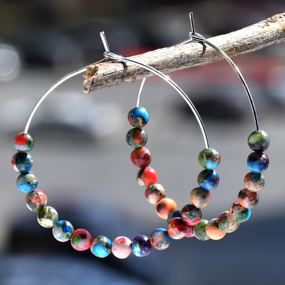 

Богемні сережки-кільця з вінтажного бісеру з імператорської яшми для жінок