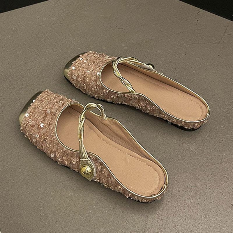 Xiaoxiangfeng Korean version temperament Mary Jane single shoes women's shoes 2025 spring and summer French sequined silver bag head half slippers w