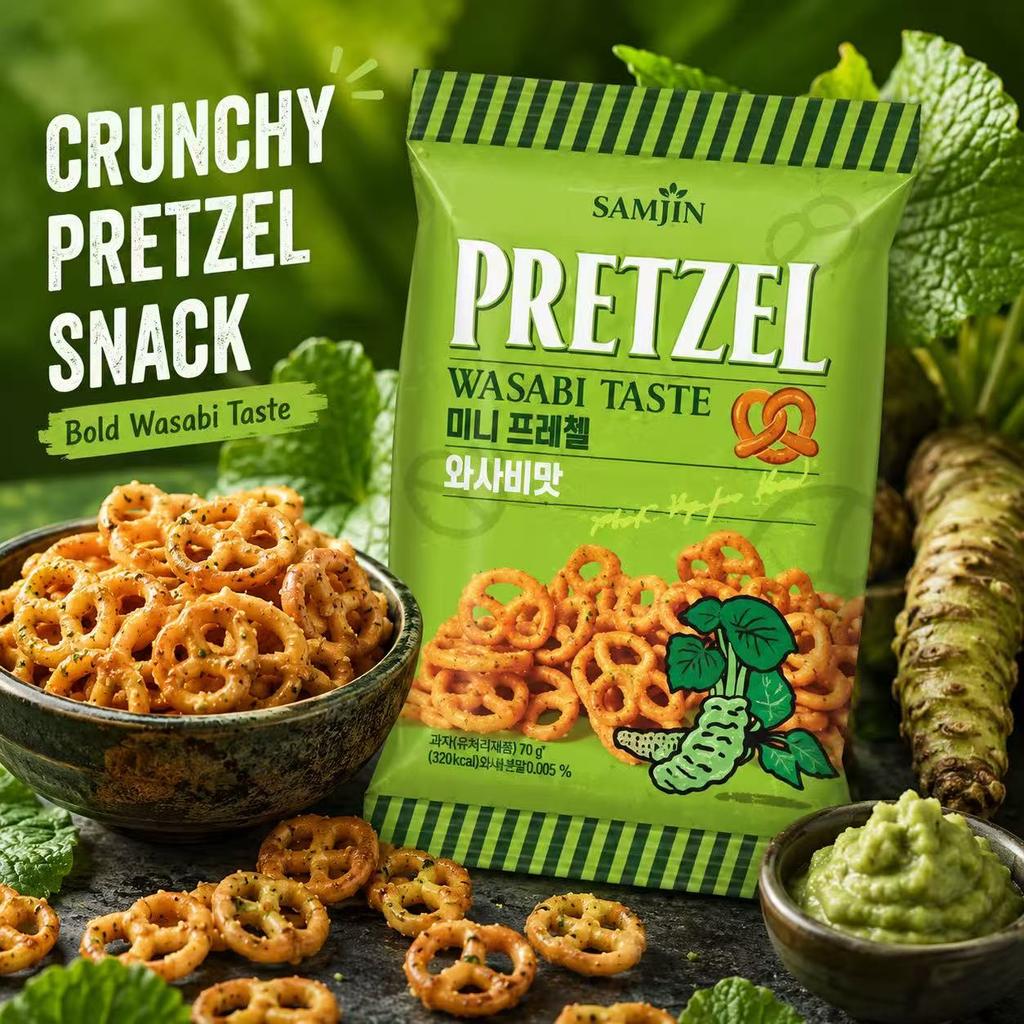 SAMJIN Mini Pretzel Biscuits 70g Wasabi Flavor | Crispy Crunchy Texture, Spicy Wasabi Flavor, Convenient Snack