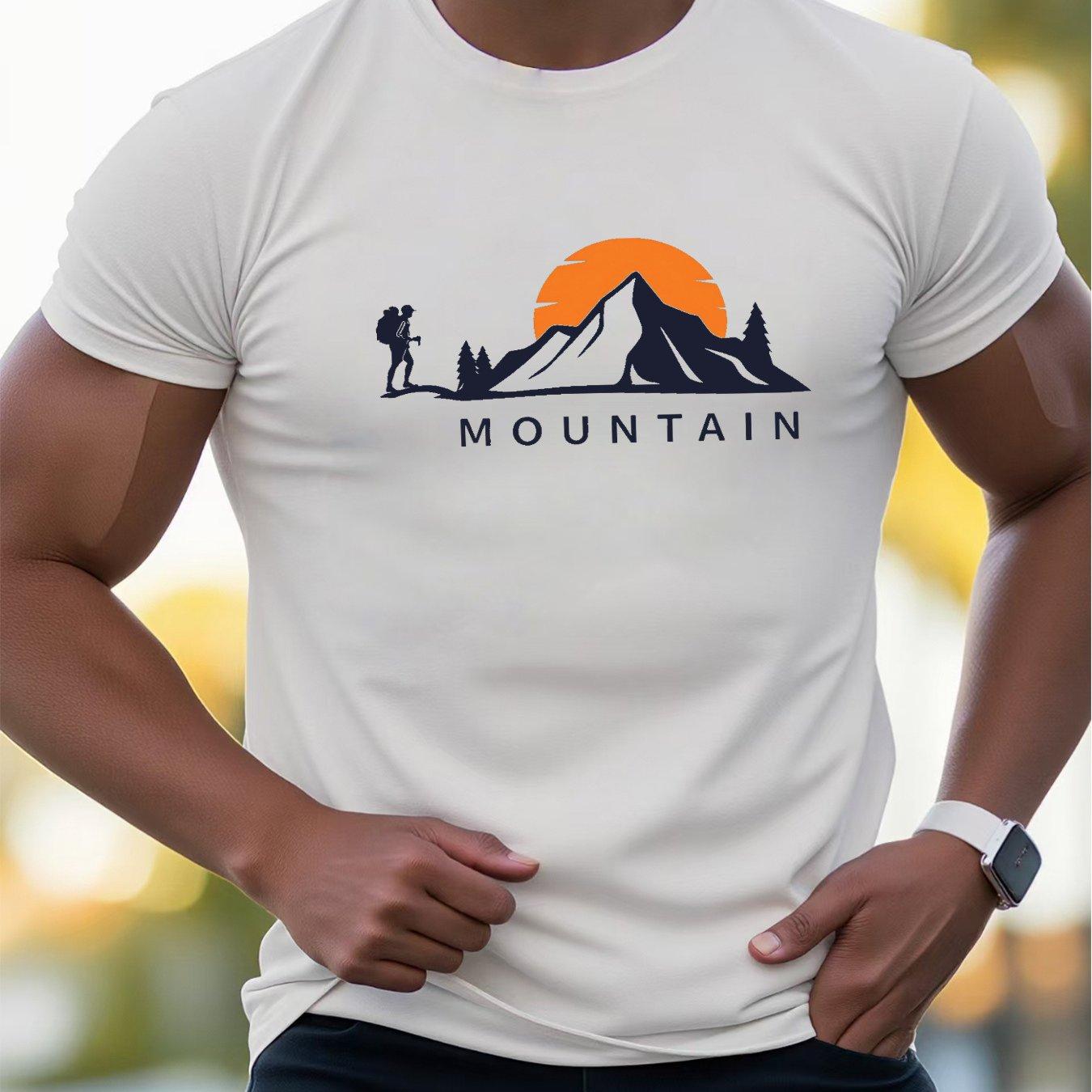 Men Cotton Mountain Adventure T-Shirt Sunset Hiking Silhouette Design Casual Round Neck Short Sleeve Clothing S