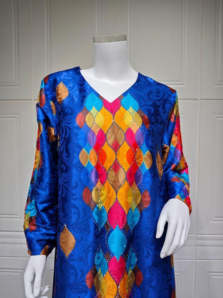 Elegant V-Neck Long Sleeve Dress with Hot Drill Print for Women