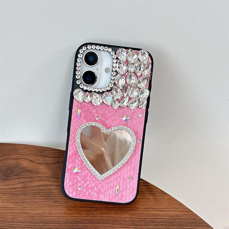 Rhinestone Love Mirror Mobile Phone Case for IPhone17promax Leather for Apple 16 Women's Model 15 Personality