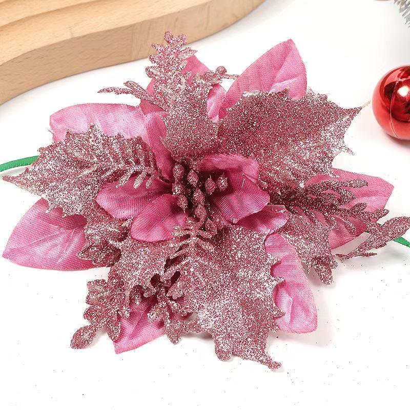 10PCS Christmas Flowers Glitter Artificial Poinsettia Floral Xmas Tree Ornaments DIY Garlands Home Wedding Party Decor