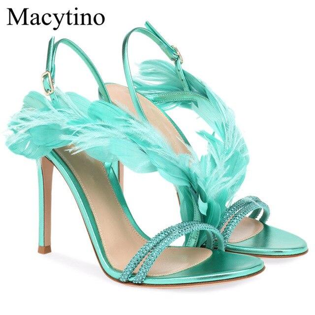 Sandalias de verano para damas con plumas decoración de pedrería sandalias  de aguja moda nude sandalias de fiesta verde comprar a buen precio —  entrega gratuita, reseñas reales con fotos — Joom