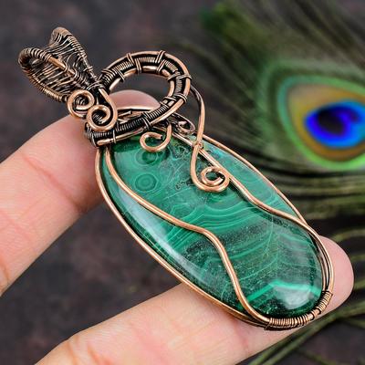 Pierre Gemme Malachite Naturelle Fait Main Fil de Cuivre Enroulé Cadeau Pendentif 3.19 J1T84