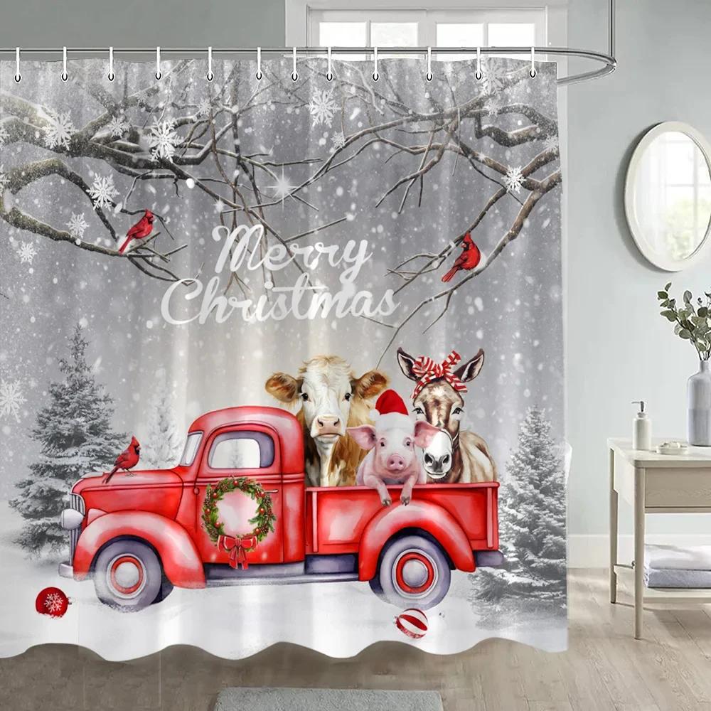 Funny Flamingo Christmas Shower Curtain Winter Forest Cedar Snowflake Nature Snow Scene New Year Xmas Bathroom Decor With Hooks
