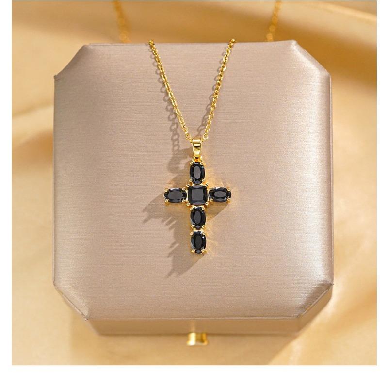 Gold Plated Zircon Cross Pendant Titanium Steel Clavicle Necklace For Women