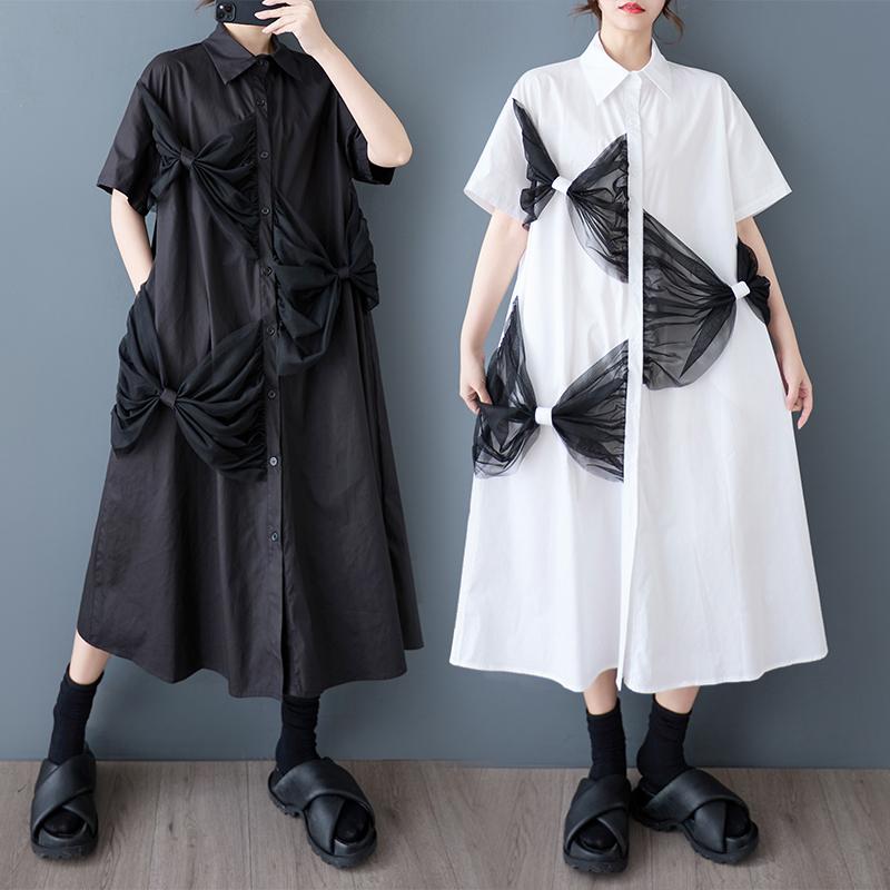 DIMANAF 2025 Spring Summer Shirt Dress Plus Size Women Casual Vintage Long Dress Loose Basic Black White Dress
