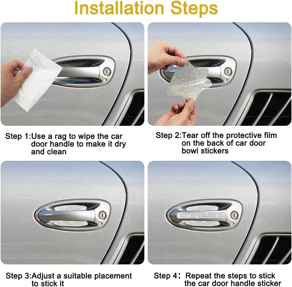 8Pcs Rhinestone Car Door Bowl Anti-scratch Reflective Stickers Door Bowl Handle Protection Sticker Anti-scratch Protection Strip