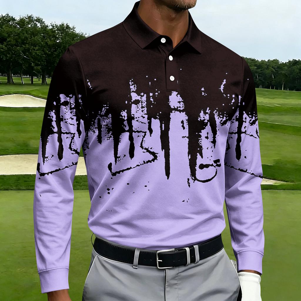Men's Casual Printed Long Sleeve Button Down Shirt with Lapel Collar for Sports and Daily Wear