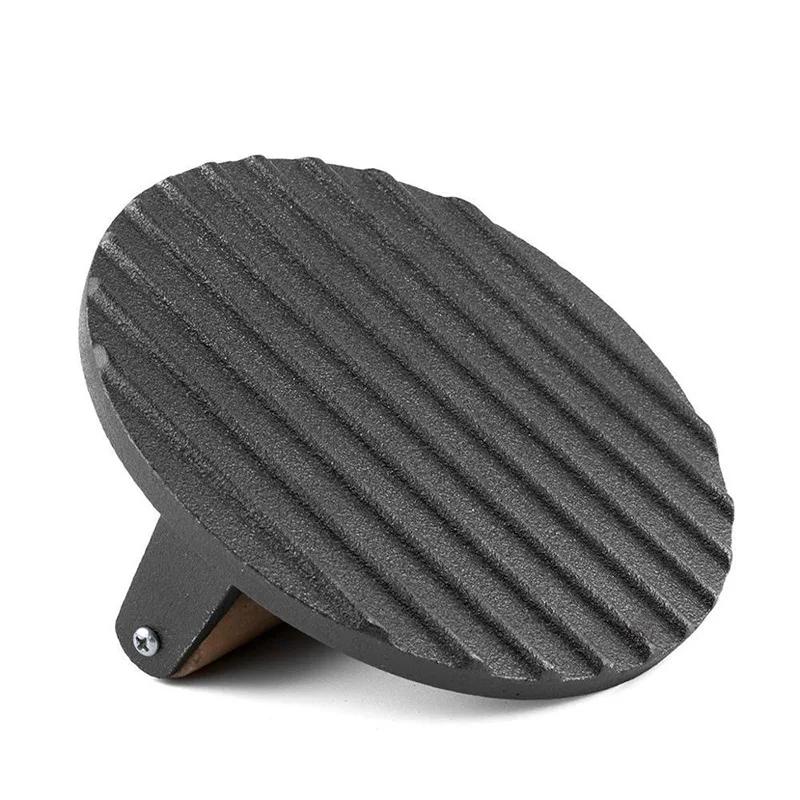 YOMDID 1PC Round Steak Pressing Plate Cast Iron Hamburger Meat Press Tool Steak Plate Wooden Handle Kitchen Barbecue Teppanyaki