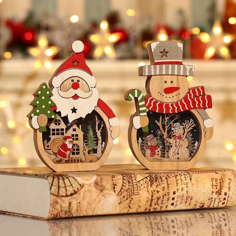 1 Set Christmas Wooden Ornaments with LED Lights, Santa and Snowman 3D Holiday Figures, Battery Operated ,AAA x 2, Not Included, Festive Home Decor,