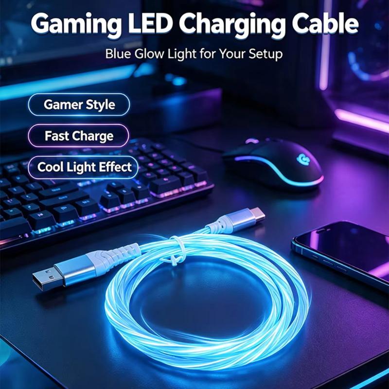 USB Fast Charging Cable LED Flowing Light Effect Waterproof Durable Cord for Car Outdoor Camping Phone Charge