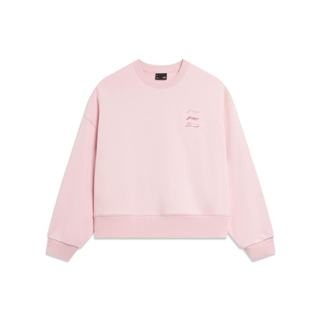 Li Ning Sports Lifestyle Serie Einfarbiges Logo Fleece Warm Lockerer Pullover Damen Sweatshirt Hellrosa AWDTE48-5
