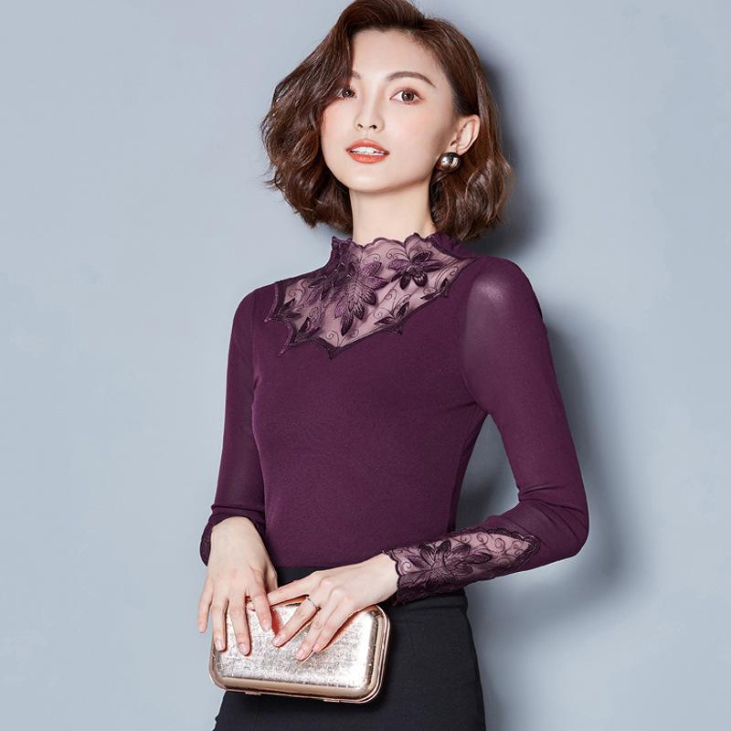 Hollow Out Women Spring Autumn Style Lace Blouses Shirts Casual Long Sleeve Patchwork Spliced Turtleneck Blusas Tops